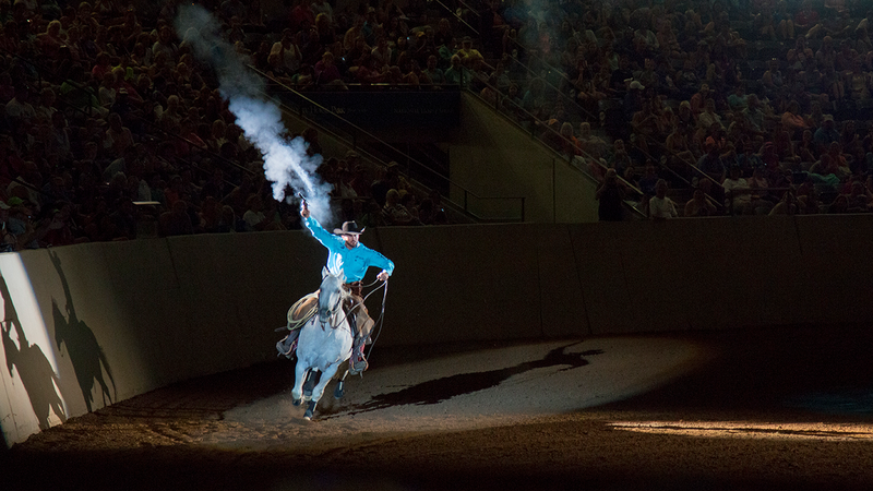 Dan James of DoubleDan Horsemandship performing tricks during Saturday’s Celebration of Horses.